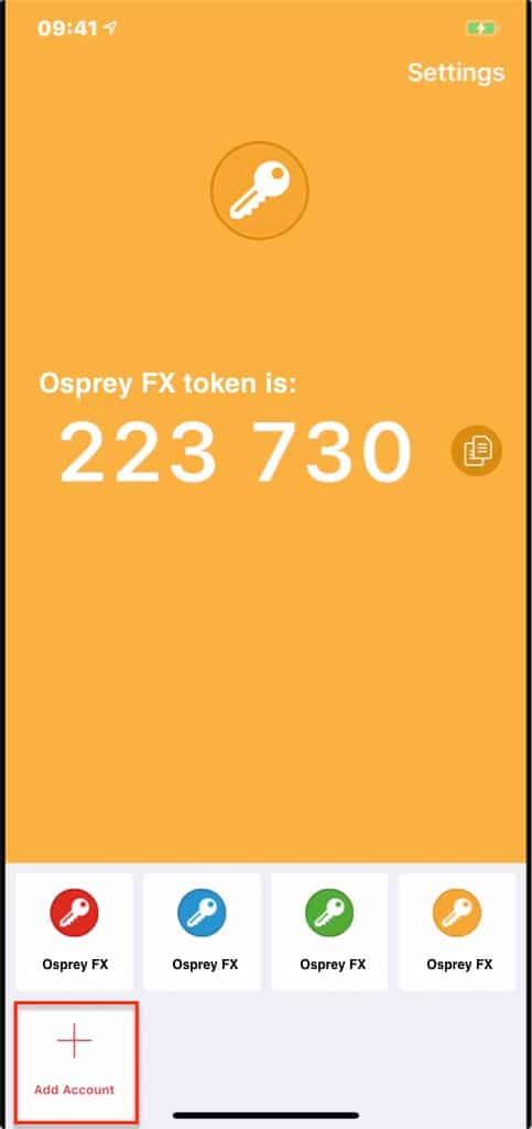 Yellow and white background with 2FA token number being shown. ECN Broker | OspreyFx