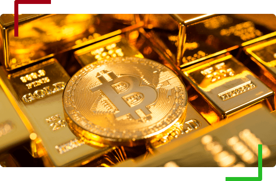 Coin with a Bitcoin logo above some Gold bars. ECN Broker - Cryptos & Forex | OspreyFx