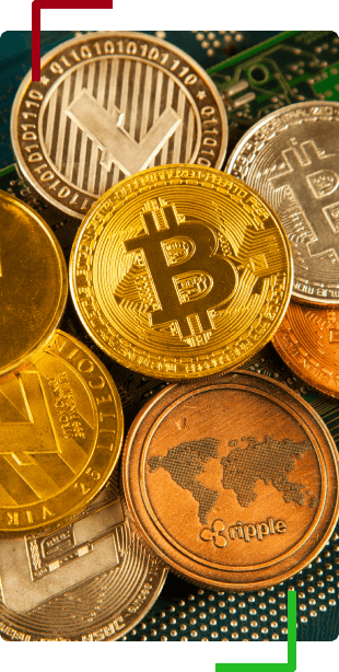 Various currencies and a coin with a Bitcoin symbol in the center. ECN Broker | OspreyFx